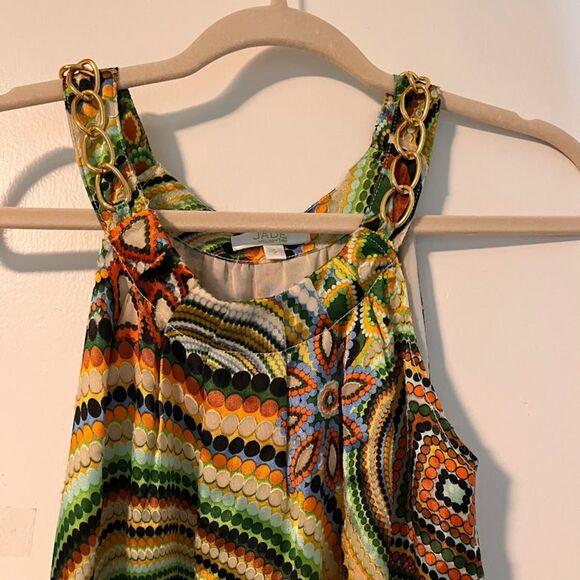 Jade Melody Tam Dress S Silk Green Orange Geometric Print Chain Strap RetroGlam - Picture 5 of 5